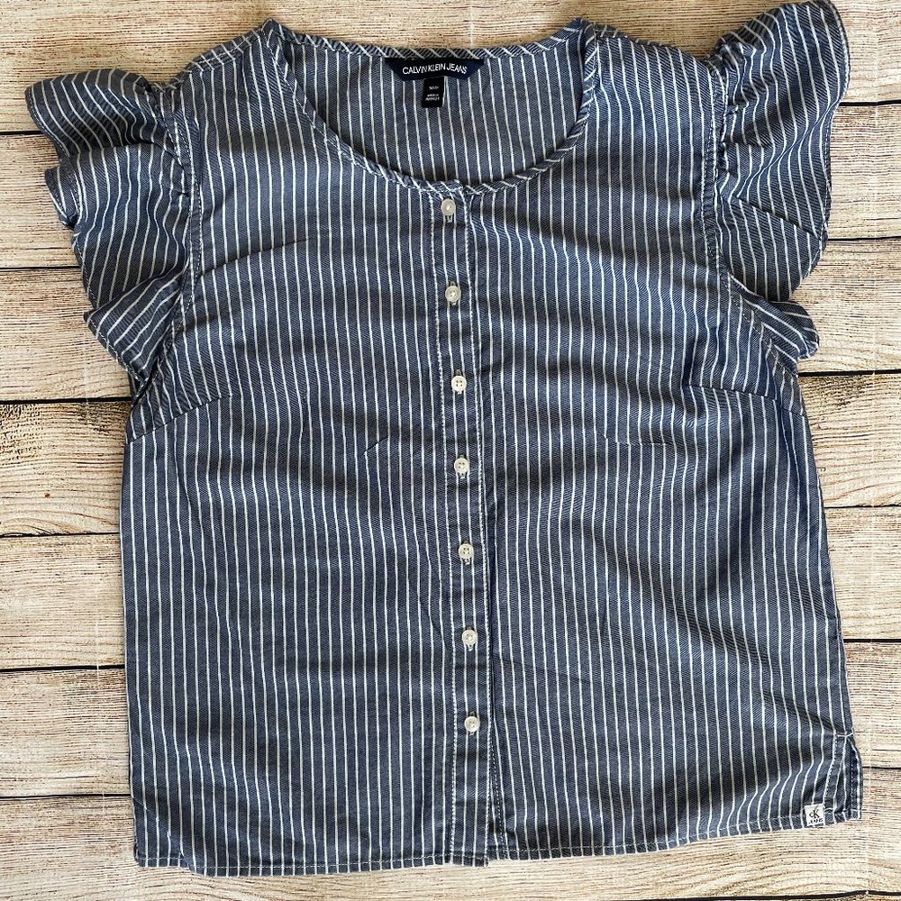 Calvin Klein Jeans Women's Small Blouse Top Ruffle Sleeve Blue And White Striped